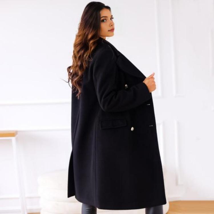 Winter Coat Women Double Breasted Overcoat Thermal Long Sleeves Loose Fit Turn Down Collar Pockets Pure Color Commuting Dating
