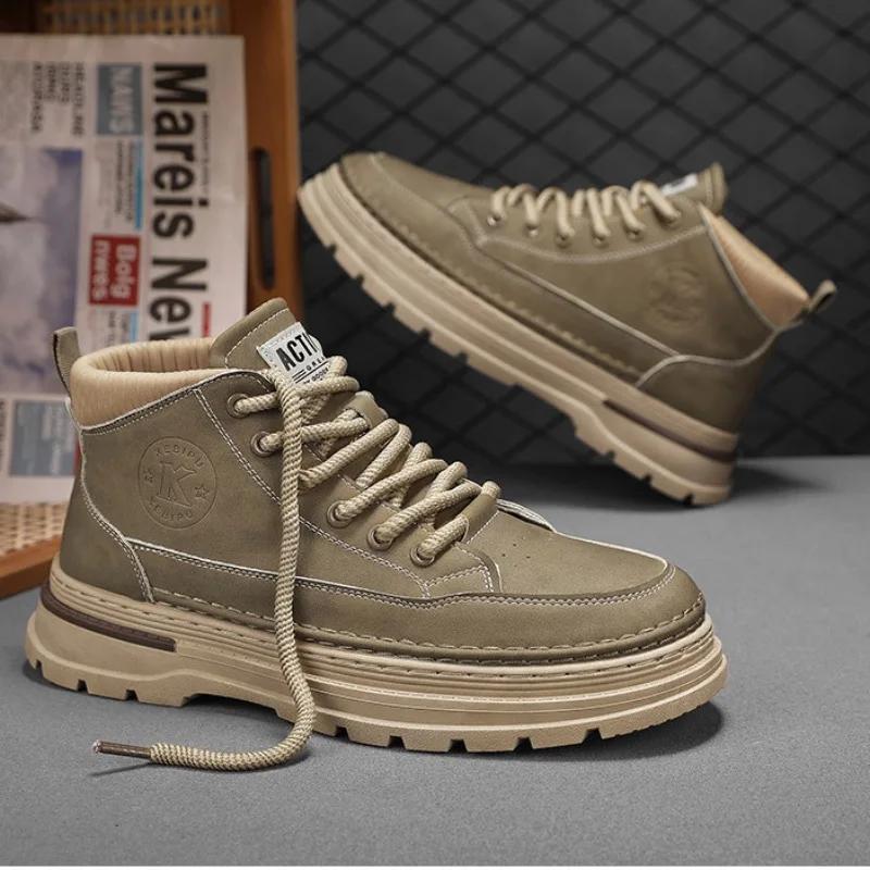 Men's Boots High Top Casual Sneaker High Quality Leather Ankle Boots for Men Lace Up Platform Work Boot Botas Masculinas