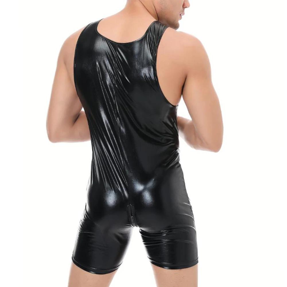 Men Fetish Sexy Lingerie Bodysuit Clubwear Tights Jumpsuit Nightclub Patent Leather Zip Leotard One-Piece Vest Stage Costume
