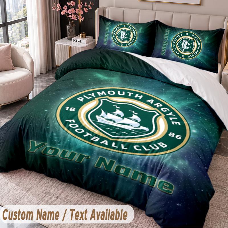 Plymouth Argyle FC Printed Bedding Set Custom Name Text 1 Duvet Cover 2 Pillowcases For Bedroom