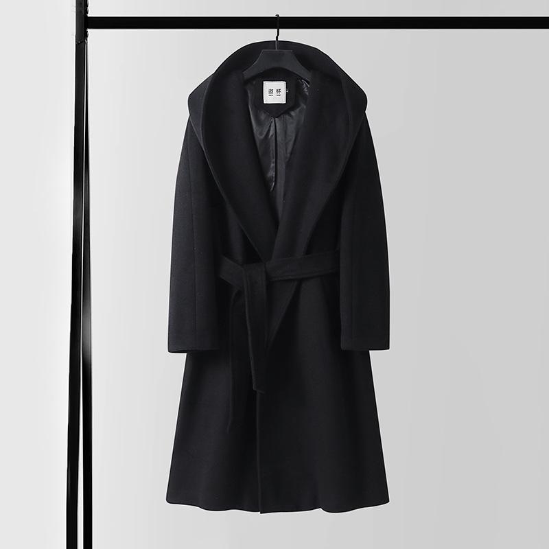 Winter Wool Cashmere Hooded Bathrobe: Long, Cozy, Belted Outerwear Coat Without Buttons