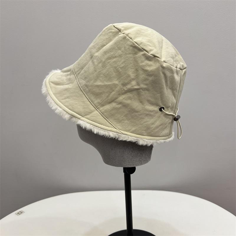 Nylon Waterproof Velvet External Drawstring Front Long Rear Short Basin Hat Women's Winter Literary and Leisure Warm Bucket Hat