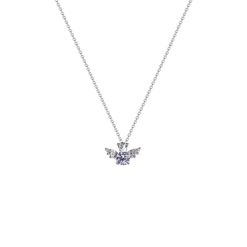 Exquisite S925 Sterling Silver Angel Wings Crown Pendant Necklace with Shiny Zircon and Rhinestones