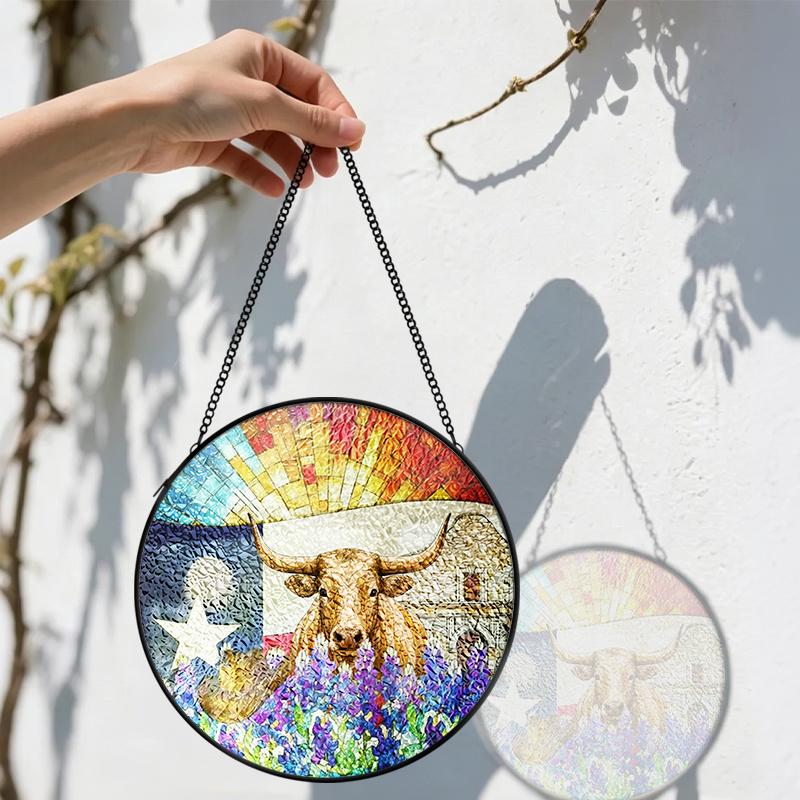 2D flacher Buntglas-Christgeschenk-Fensterdekoration, 6,3/7,87 Zoll Yak Religiöse farbige Glasplatte mit Kette, Charmante christliche Sonnenfänger