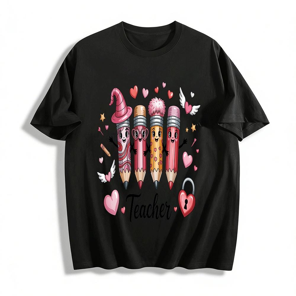 Cute Heart Pencil Teacher Themed Graphic Tee Pure cotton T-shirt XXS