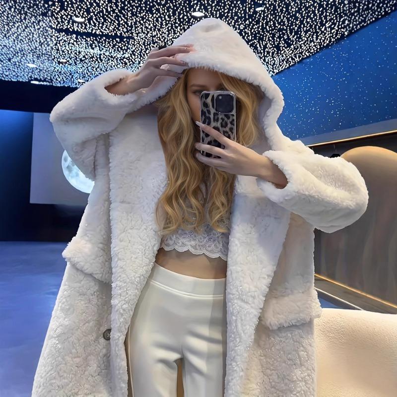 Módní bílý medvídkový kabát pro ženy Dlouhý Oversized Ležérní Teplý svrchní oděv