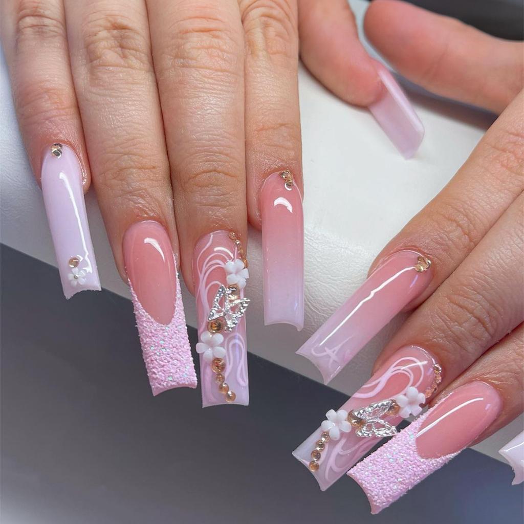 24Pcs Simple French Press On Nails Long Square Sweet Cute Fake Nails With Glitter Diamond Stick On Nail