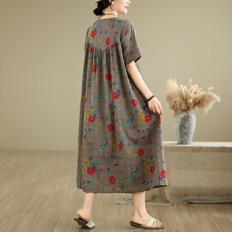 DIMANAF 2025 Women Plus Size Spring Summer Dress Casual Floral Dress Basic Vintage Loose Long Dress Maxi 9321
