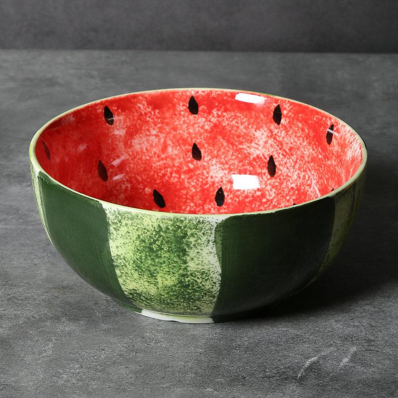 Hand-Painted Watermelon Design Large Ceramic Noodle Bowl with Underglaze Snails Pattern - Fresh, Deep & Stylish.