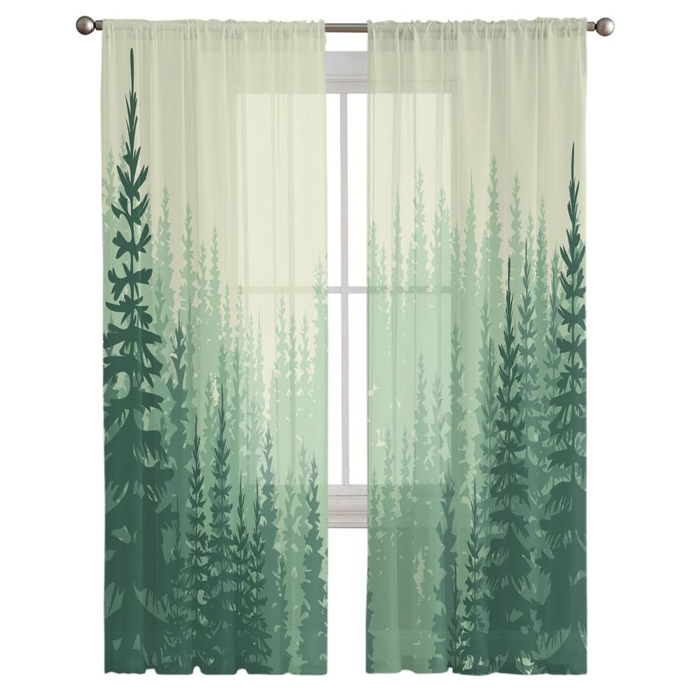Simple Woods Green Trees Tulle Voile Curtains Bedroom Hotel Home Decor Sheer Curtains for Living Room Chiffon Printed Drapes