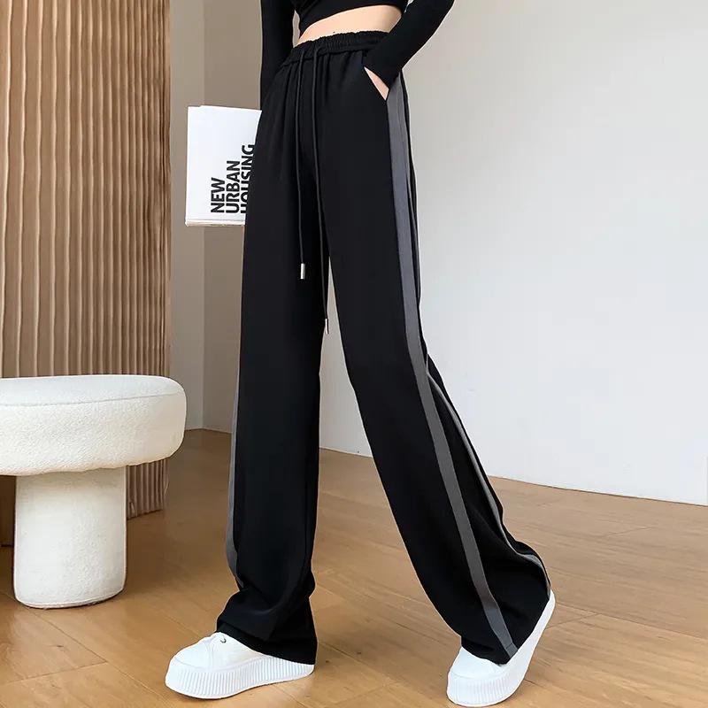 New Arrival Women's Black Side Stripe Patchwork Straight Leg Wide Pants – Trendy, Versatile, and Casual for Spring and Summer
