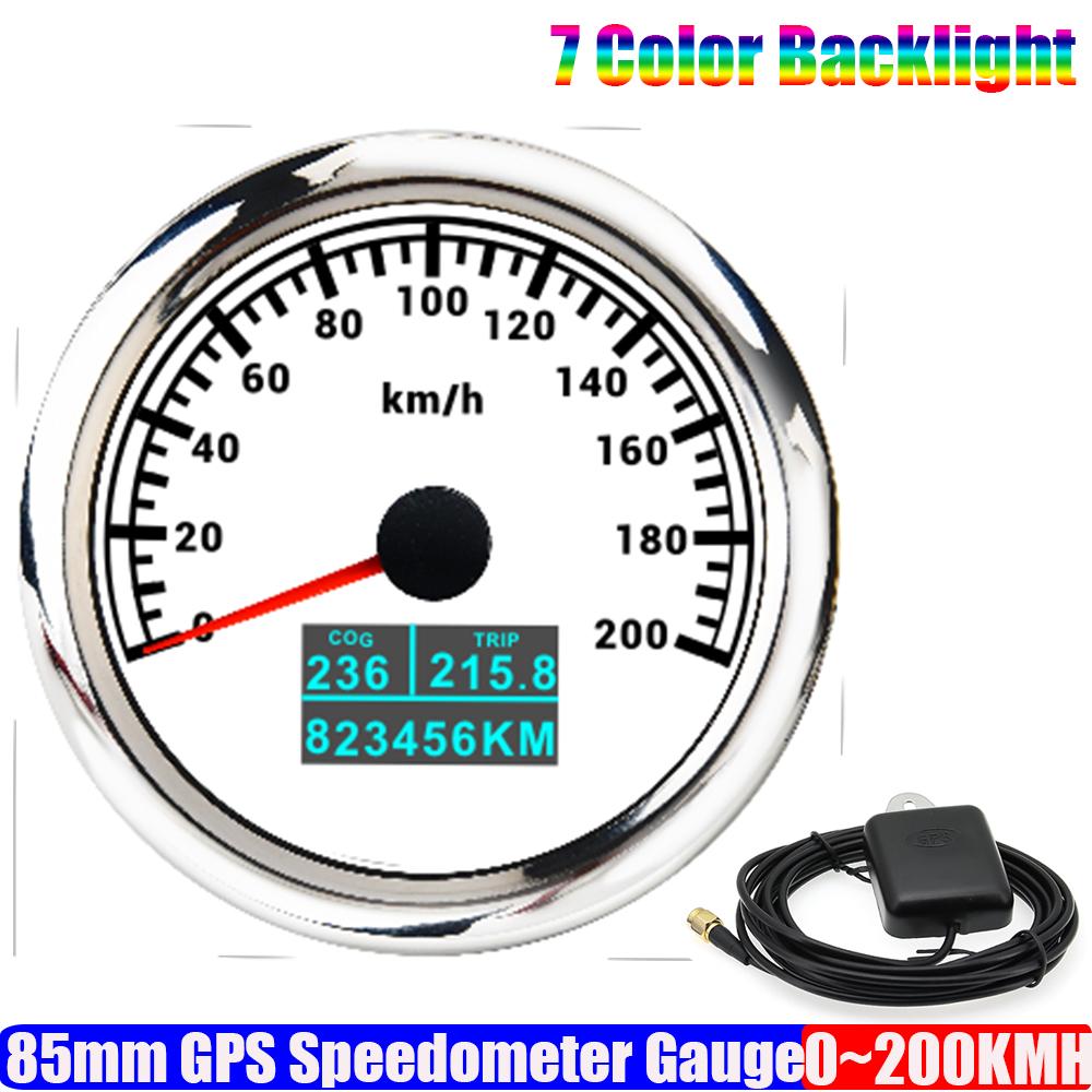 7 Color LED Auto Car 85mm GPS Speedometer Gauge with GPS Antenna 30KMH,60KMH,120KMH,200KMH Marine Boat Yacht COG TRIP Odometer