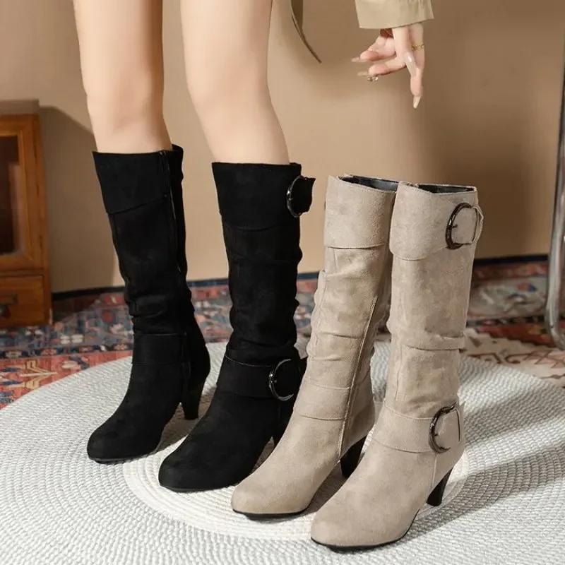 Kniehoher Reißverschluss Moderne Damenstiefel Damenschuhe Hochwertige Neue Spitzschuh Einfarbig Englischer Stil Mode Lässig Übergröße 43