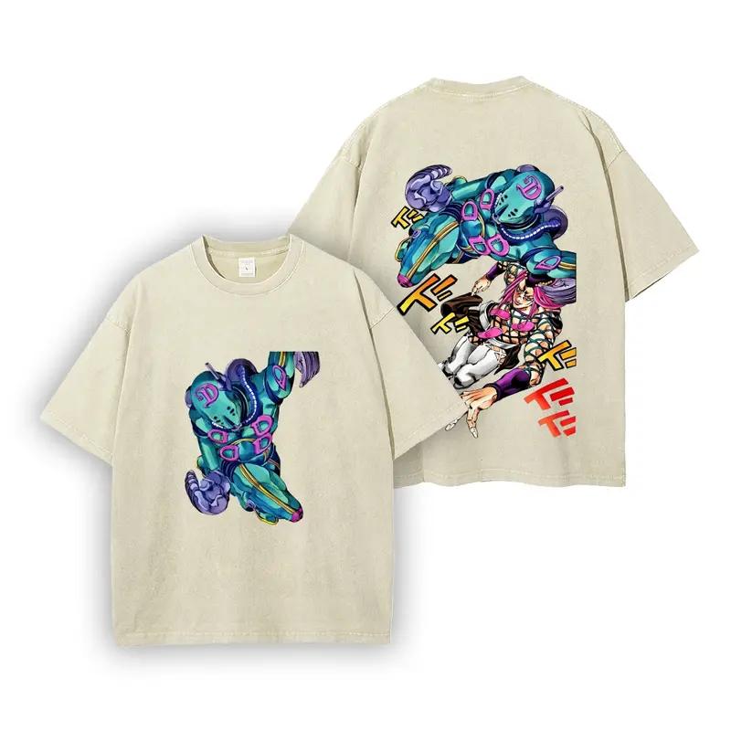 JoJo's Bizarre Adventure Anasui Bedrucktes T-Shirt Herren Damen Retro Gewaschene T-Shirts Übergroßes Baumwoll-T-Shirt Kurzarm Streetwear