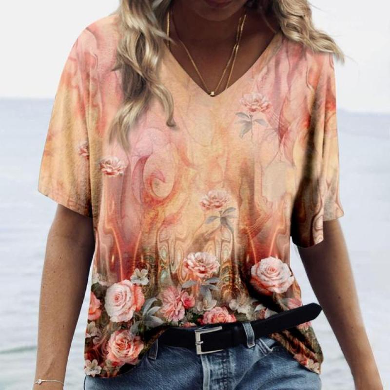 Summer Flower T-Shirts Floral 3D Print Women V-Neck Short Sleeve T Shirt Streetwear Y2K Casual Tees Harajuku Top Female Clothing