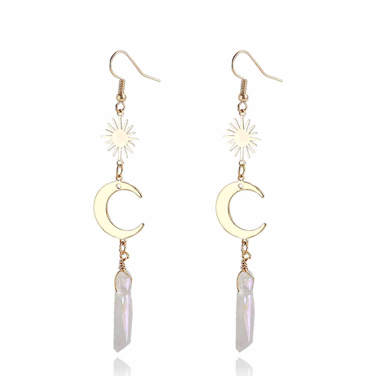 

European and American jewelry, retro long fringed transparent semi-precious stone crescent geometric ear hanging female ins Spice Girl earrings золотой