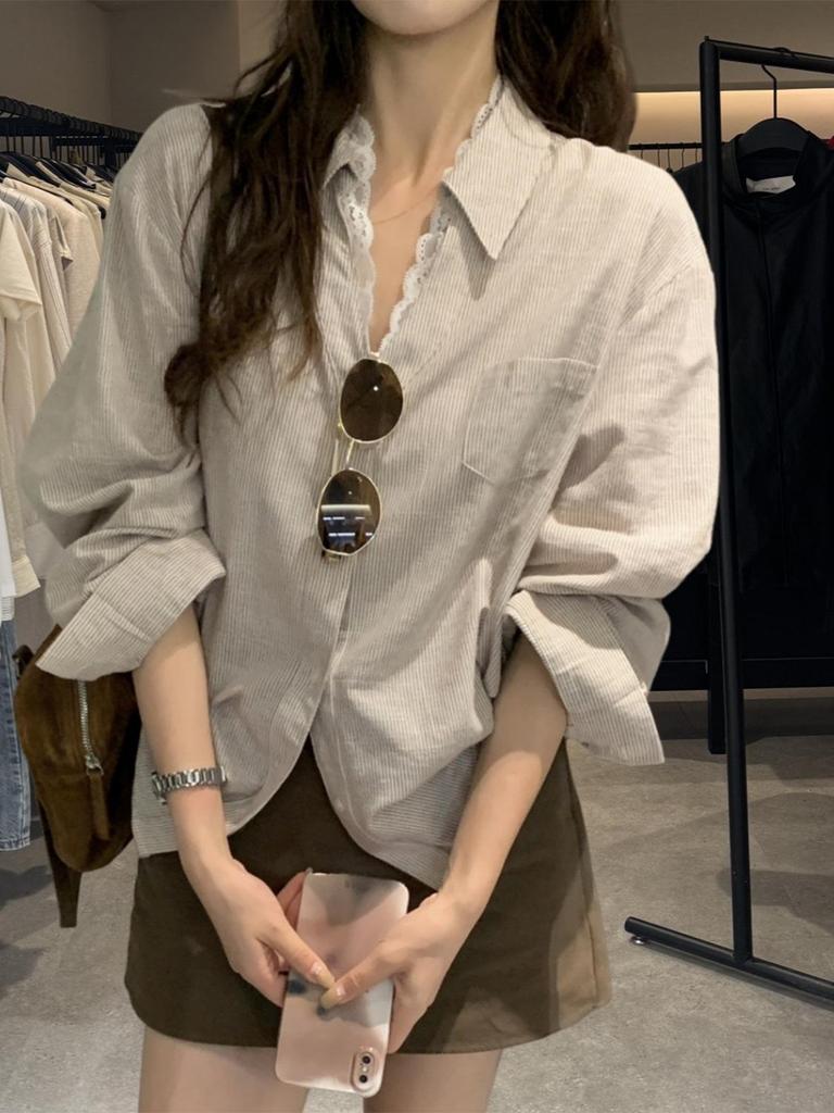 Korean Style V-Neck Lace Patchwork Blouse for Women - Autumn Edition