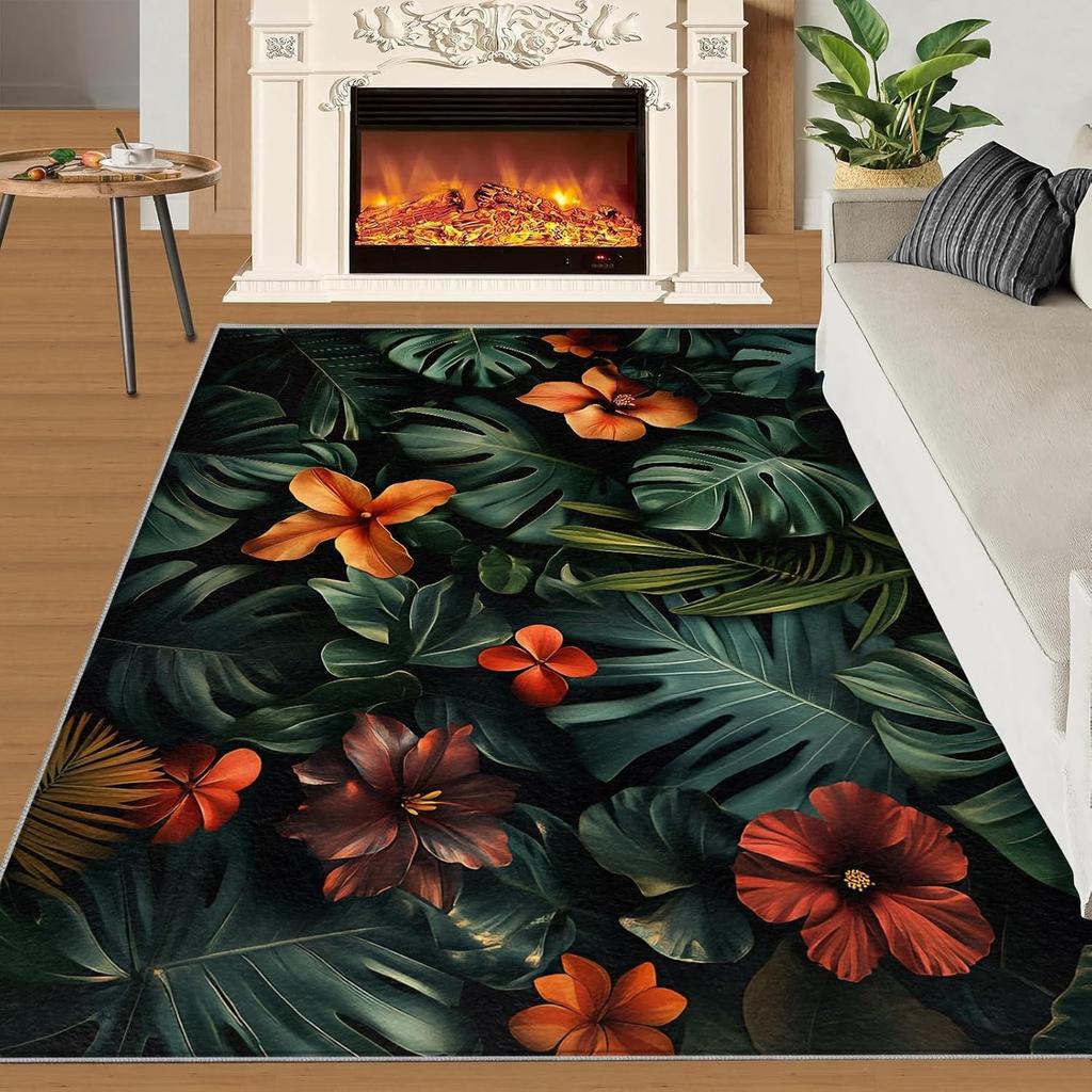 Tropical Flower Living Room Rug Bohemian Home Decor Carpet Absorbent Non-Slip Indoor Outdoor Decor Mat for Bedroom Hallway