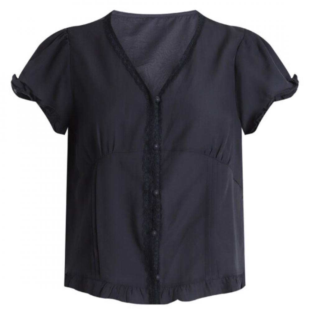 Shop Women V Neck Frill Lace Sheer Short sleeVe Summer Blouse naVy Fwb Wbl 213
