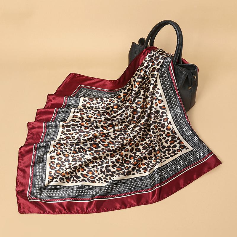 90cm Leopard Print Neckerchief Hijab Scarf For Women Silk Satin Headband Hair Scarves Female Square Shawls Ladies Head Bandana