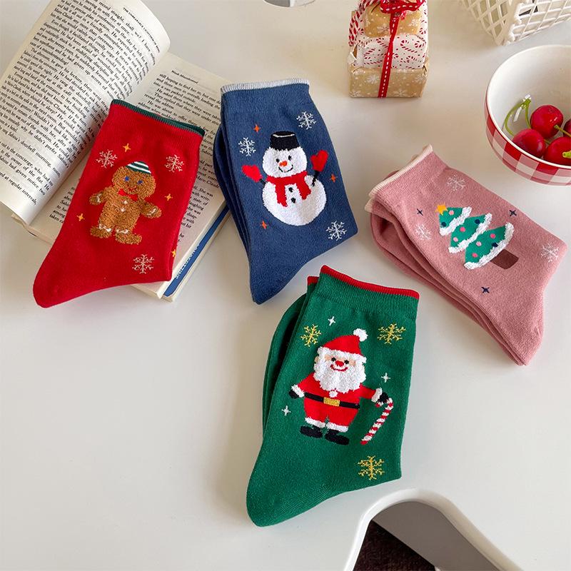 Festive Mid-Calf Cartoon Socks with Snowman & Santa Design for Autumn/Winter Holidays