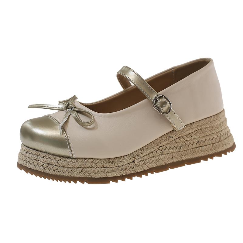 

New Chinese Platform Heightened Shallow Single Shoes Women s New Summer Straw Wedge Strap Mary Jane Shoes 35 бежевый
