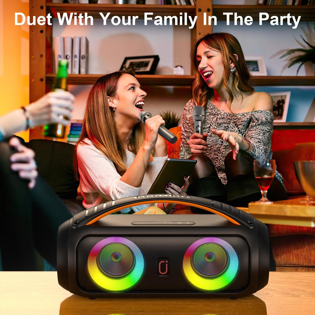 Karaoke Machine with Dual Microphones and Dazzling Lights,IPX5 Waterproof Bluetooth Speaker with Remote Control for Outdoor