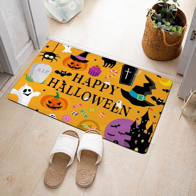 Halloween Theme Door Mat With Pumpkin Black Cat Ghost Bat Witch Hat Castle Patterns Fun Cartoon Decorative Entryway Rug