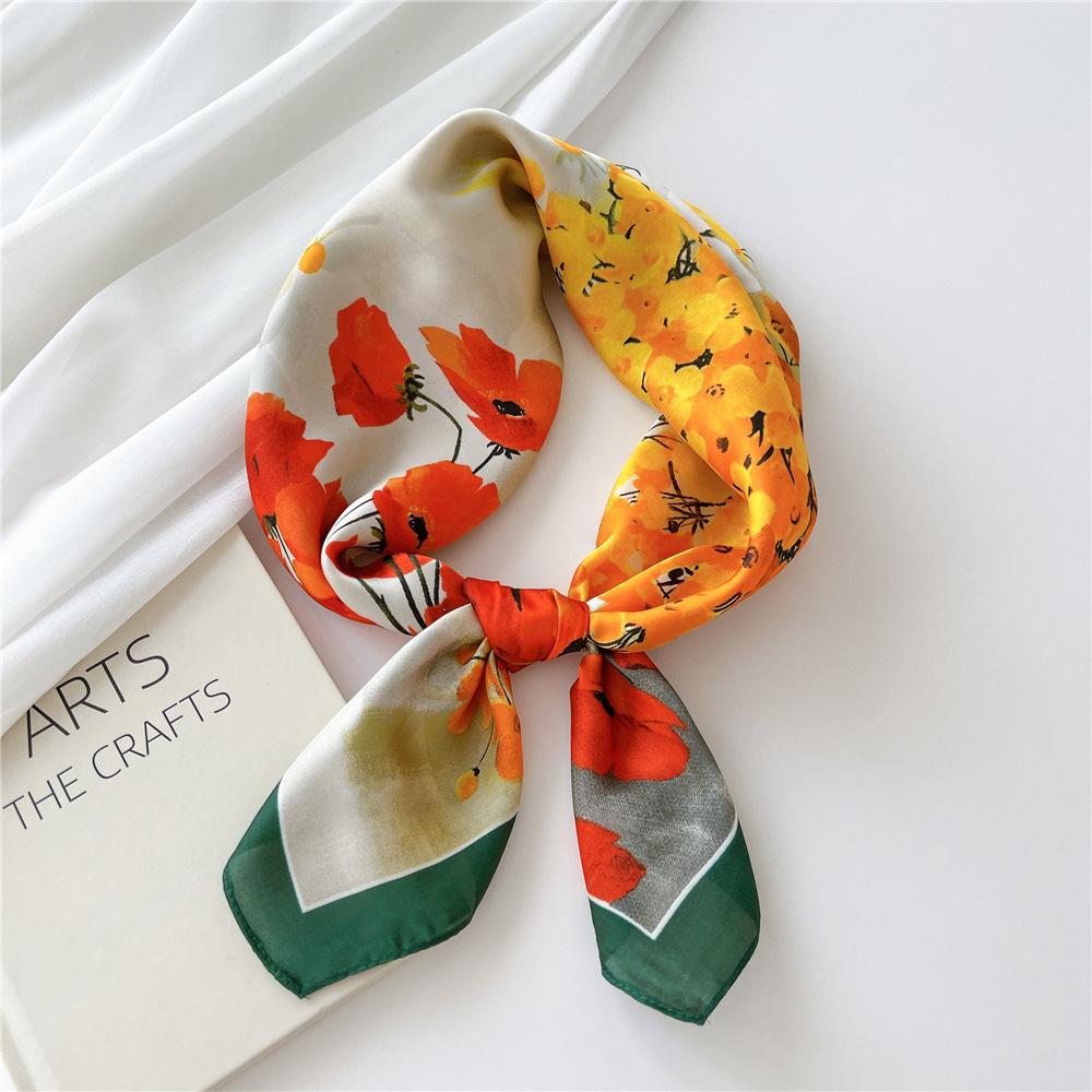 

Spring Fashion Flower Silk Scarf 70*70cm Square Scarf for Women Fashion Decoration Bandana Soft Printed Holiday Headband Shawl One Size