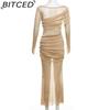 BITCED Fall Women's Solid-Color Slim-Fit High-Waisted Fashion O-Neck Long-Sleeve Mesh Dress
