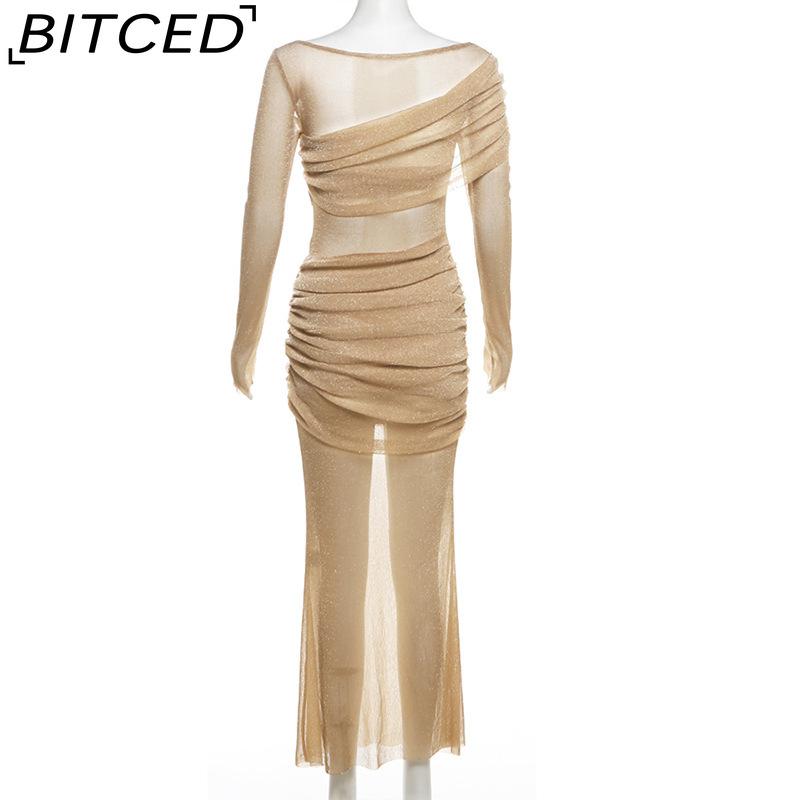 BITCED Fall Women's Solid-Color Slim-Fit High-Waisted Fashion O-Neck Long-Sleeve Mesh Dress