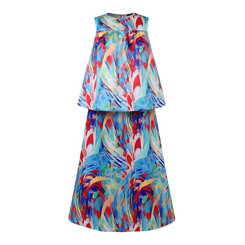Women's Large Size Round Neck Sleeveless Printed Loose A-Line Top and Skirt Set