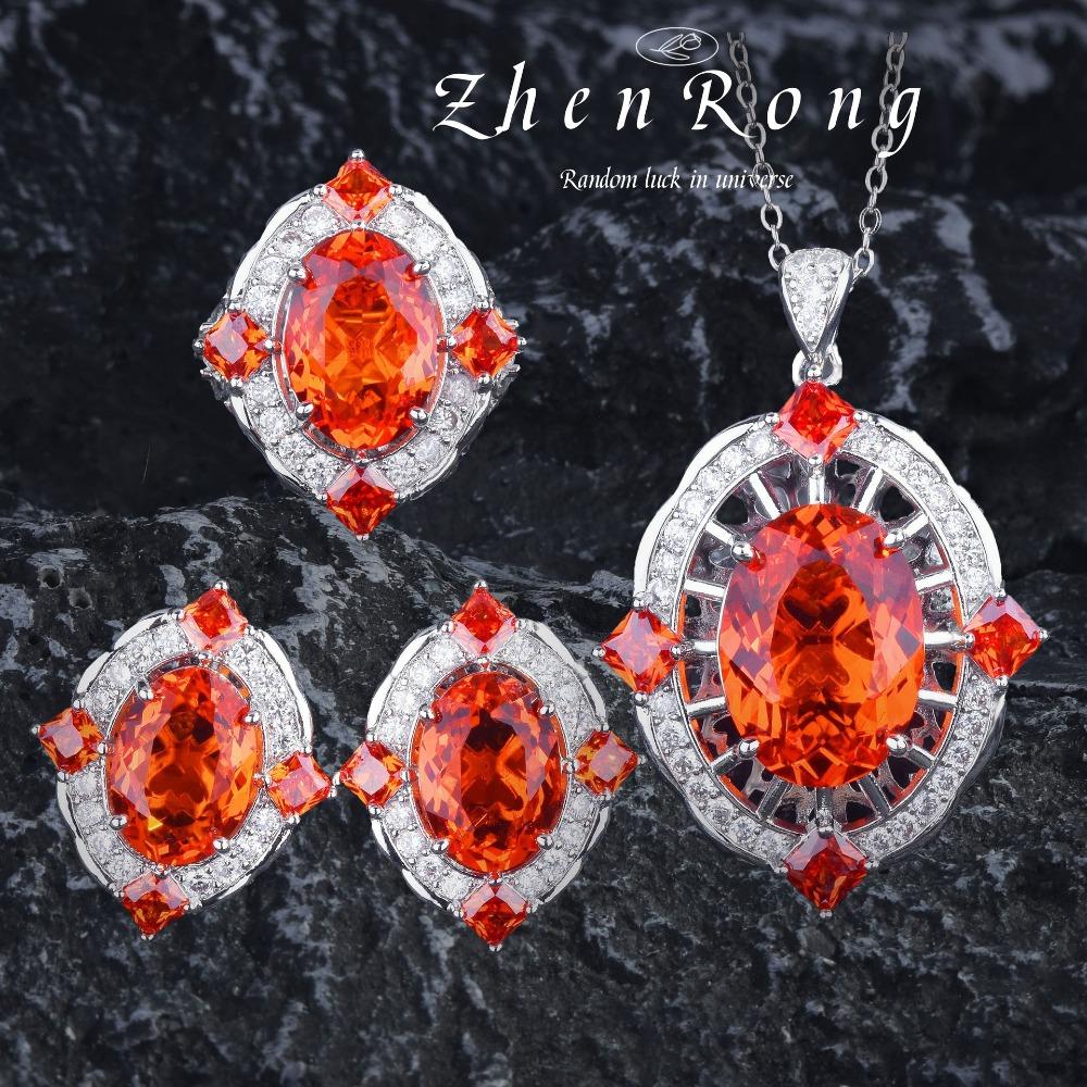 Luxury European Women Jewelry Set Fanta Color Pendant Necklace Pigeon Blood Ruby Ring Earrings Gemstone Set