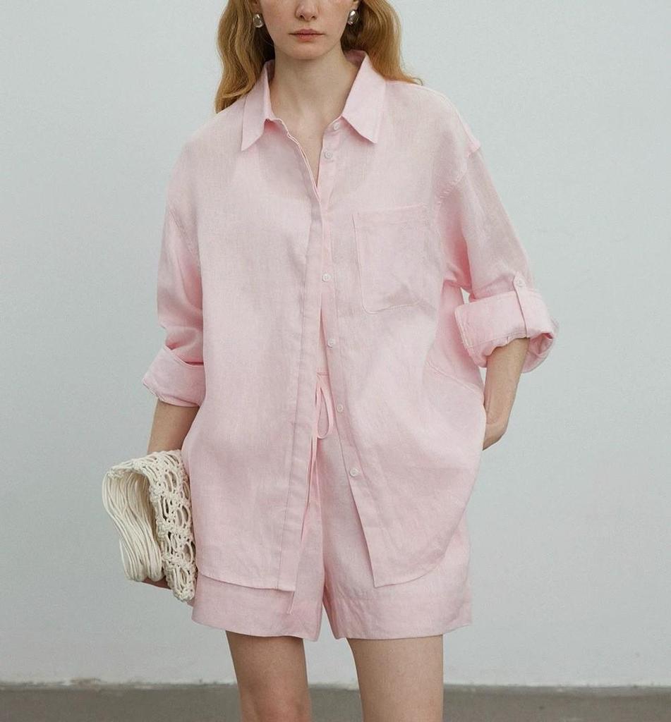 Leinen Oversize Hemd und Shorts Set - Weiß, Lässiger Sommerstil