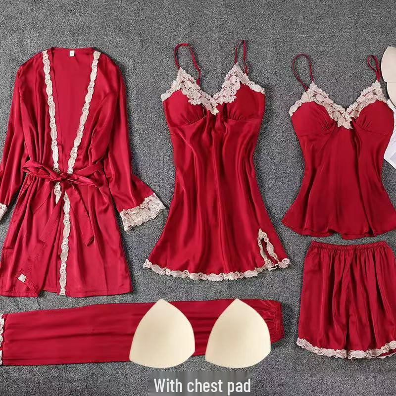 Women’s Ice Silk Pajama Set - 5-Piece: Robe, Camisole, Silk Bottoms, Chest Pads - Lightweight, Sexy, All-Season Home Wear