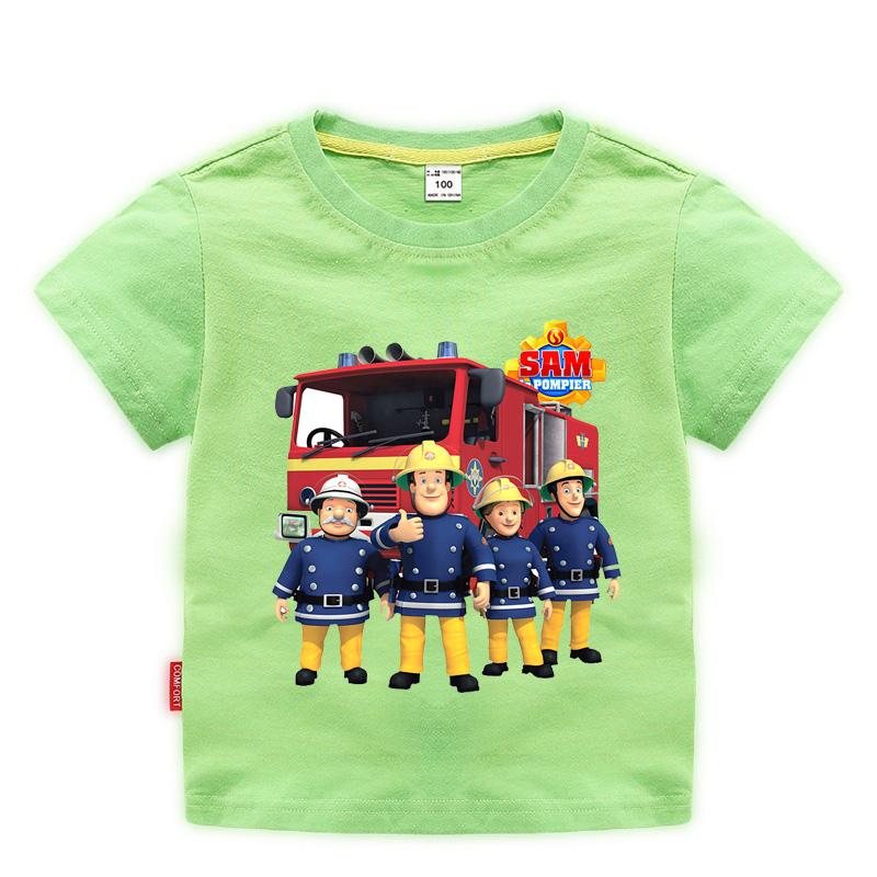 Children Cartoon Fireman Sam Print Cotton Tshirts for Boy Shirt Girl Short Sleeve Tee Top Clothes Kids Clothing Unisex 210Year