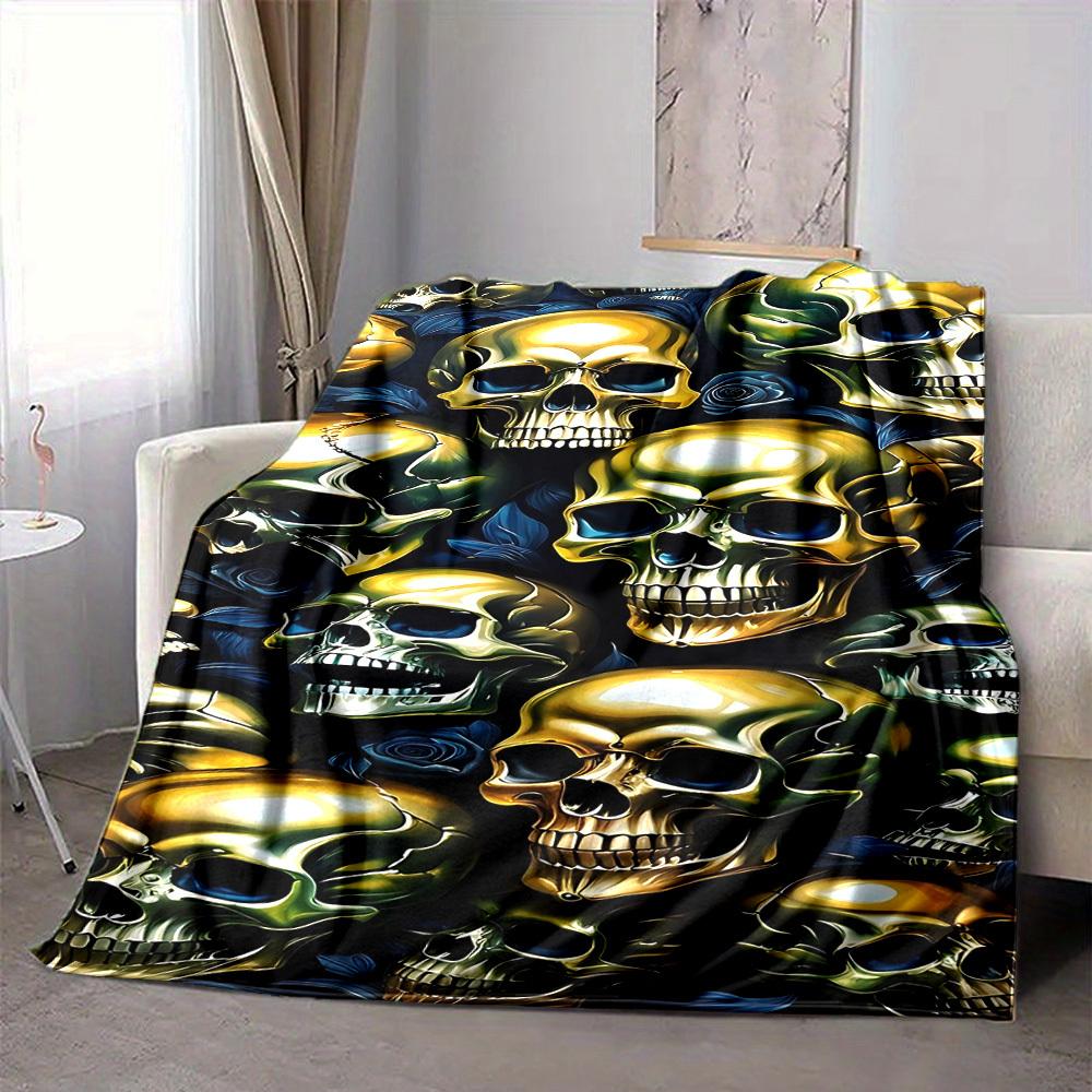 1pc Skulls Roses Blanket, Lightweight Flannel Throw Blanket For Sofa, Bed, Travel, Camping, Living Room, Office, Couch, Chair, And Bed