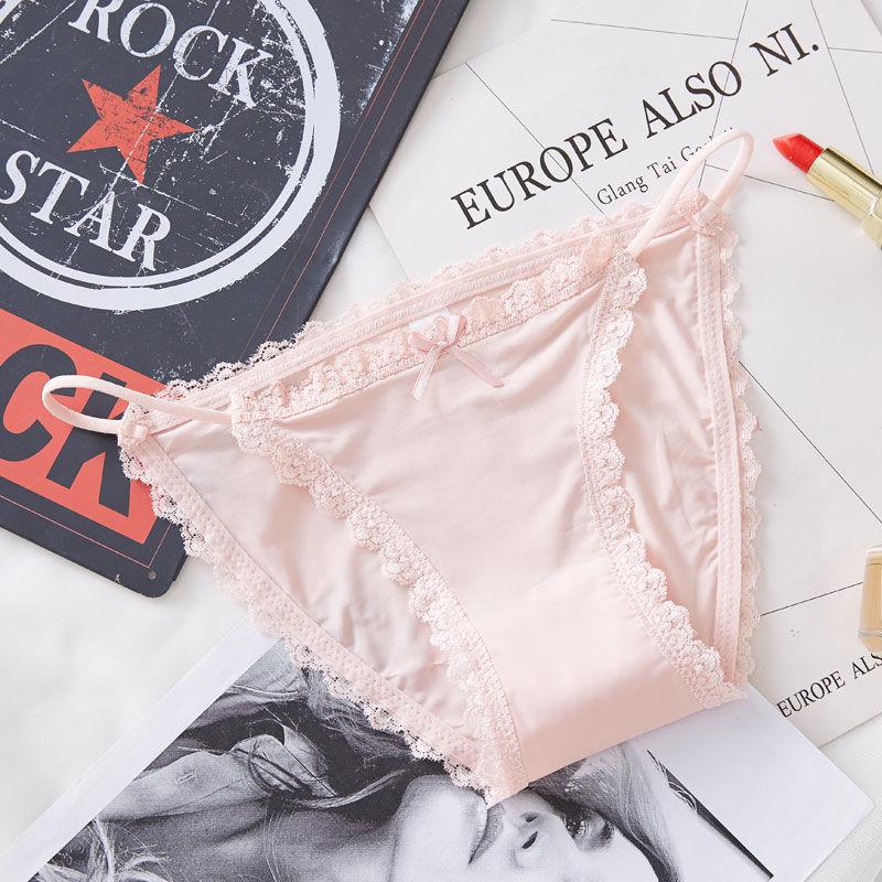 Ladies Summer Sexy Ribbon Lace Edge Bow Cotton Bottom Crotch Low Waist Triangle Briefs