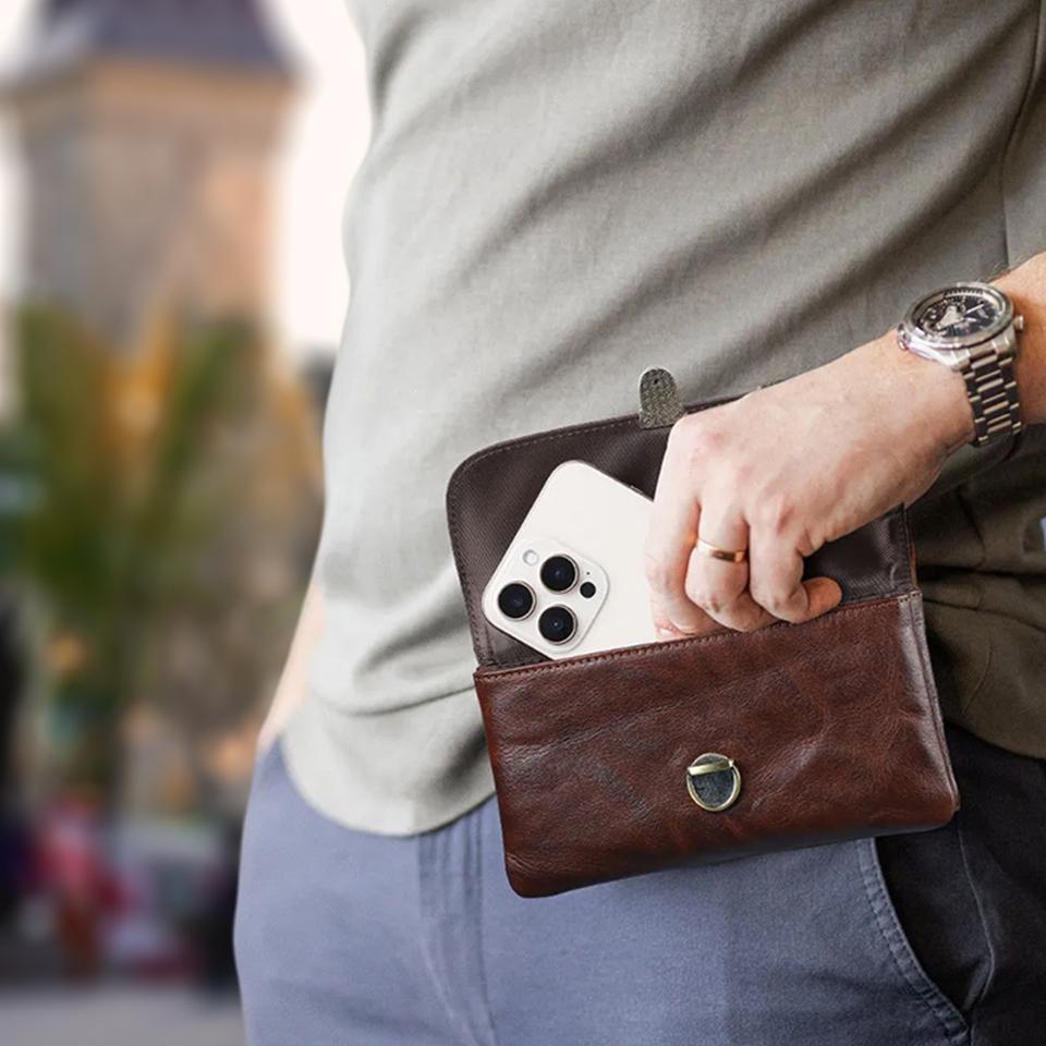 Genuine Leather Waist Phone Bag for Men Full Grain Leather Fanny Bag Waist Pack 6.9" Phone Pouch for iPhone 16 17 Pro Max