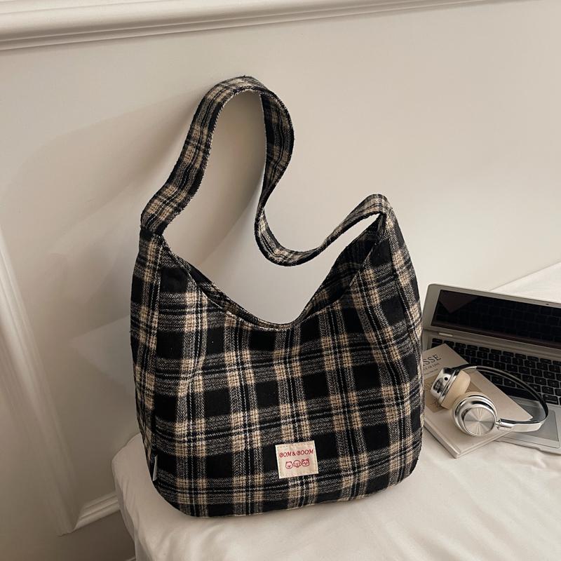 Vintage Plaid Handbag Lightweight Large Capacity Commuter Shoulder Bag