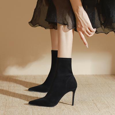 Black Elastic Thin Socks Boots Women's Velvet 2024 New Medium Tube Thin Heel Pointed Thin High Heels Short Boots