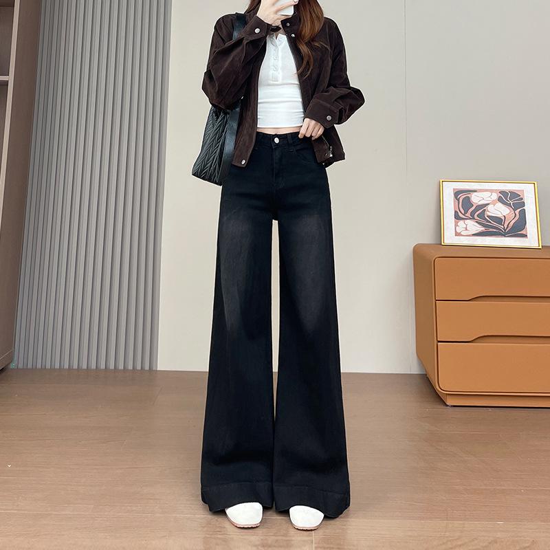 Women s High-Waisted Retro Wide-Leg Jeans - Light Blue, Plus Size, Floor-Length, Spring/Autumn Medium
