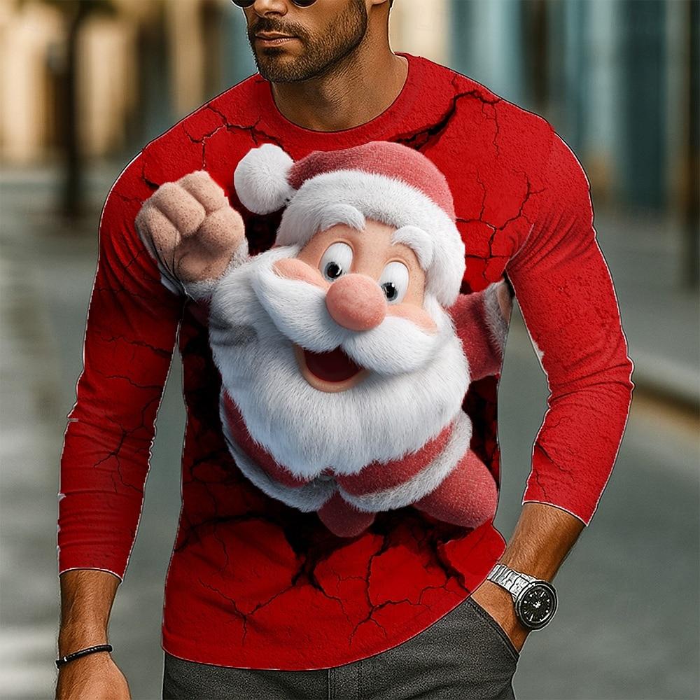 

Мужские футболки с круглым вырезом и 3D-принтом Санта-Клауса, повседневные, с длинным рукавом - Мягкая полиэстеровая ткань средней эластичности, одежда для весны и осени, свободного кроя XXL