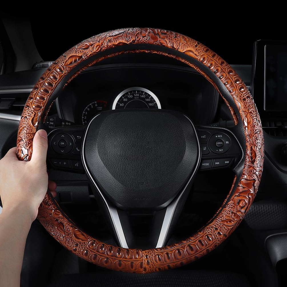 Leather Auto Car Steering Wheel Cover,Anti Slip Universal 15 Inch,Brown Crocodile With Rose Grain