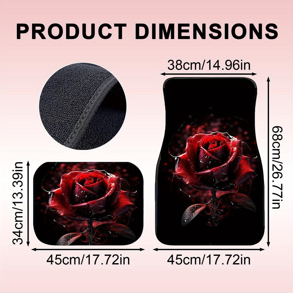 A Set of Four Universal Car Floor Mats Featuring a Rose Flower Design, Designed Both Front And Rear Seats of Any Vehicle