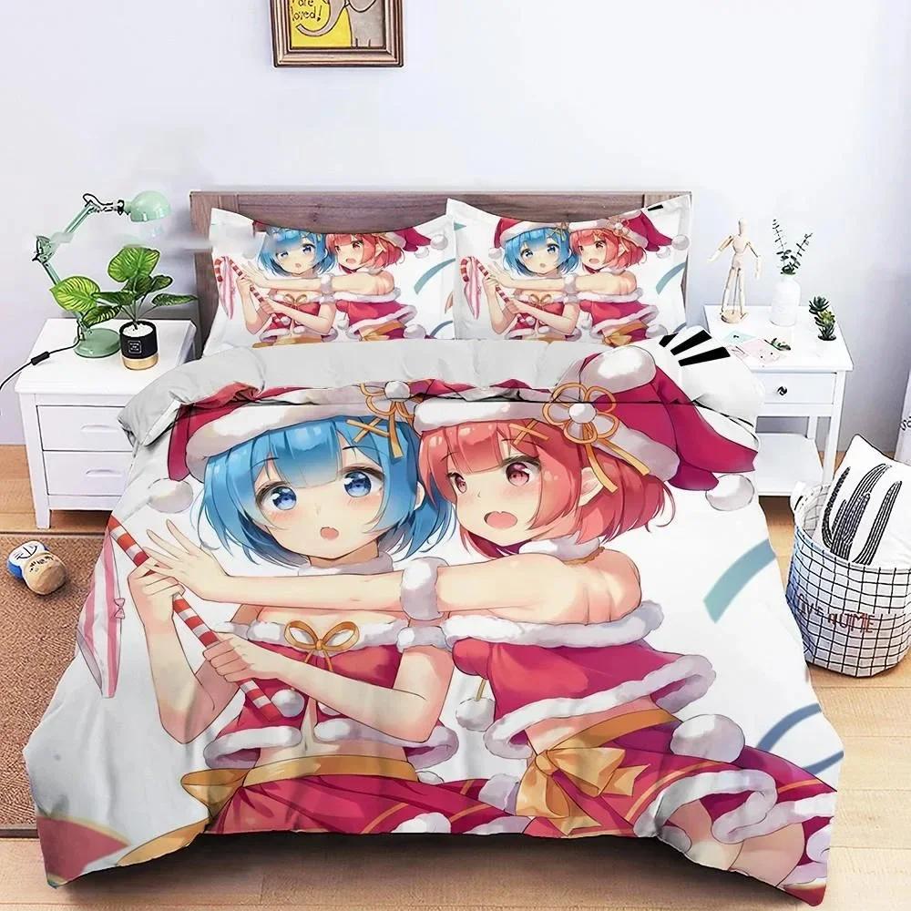 3D Anime Re Zero Rem Ram Printed Bed Set Duvet Cover Pillowcase Bedding Set Bed Linen Sheet Quilt Cover Full Queen King Size