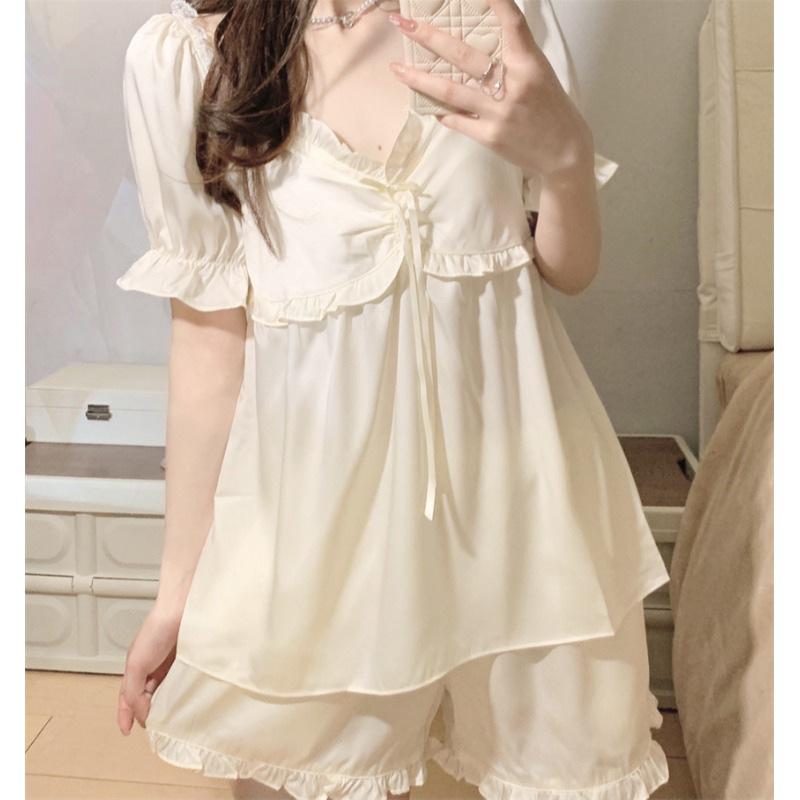 

Sweet Princess Style Summer Suspender Pajamas Two-piece Set with Chest Pad Thin Lotus Leaf Edge Loungewear 2XL