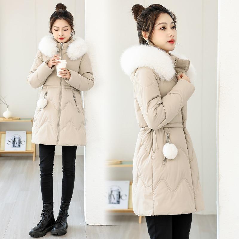 White Fur Collar Waist Padded Clothes Women's Winter New Medium and Long Hooded Padded Clothes Casual Padded Jacket