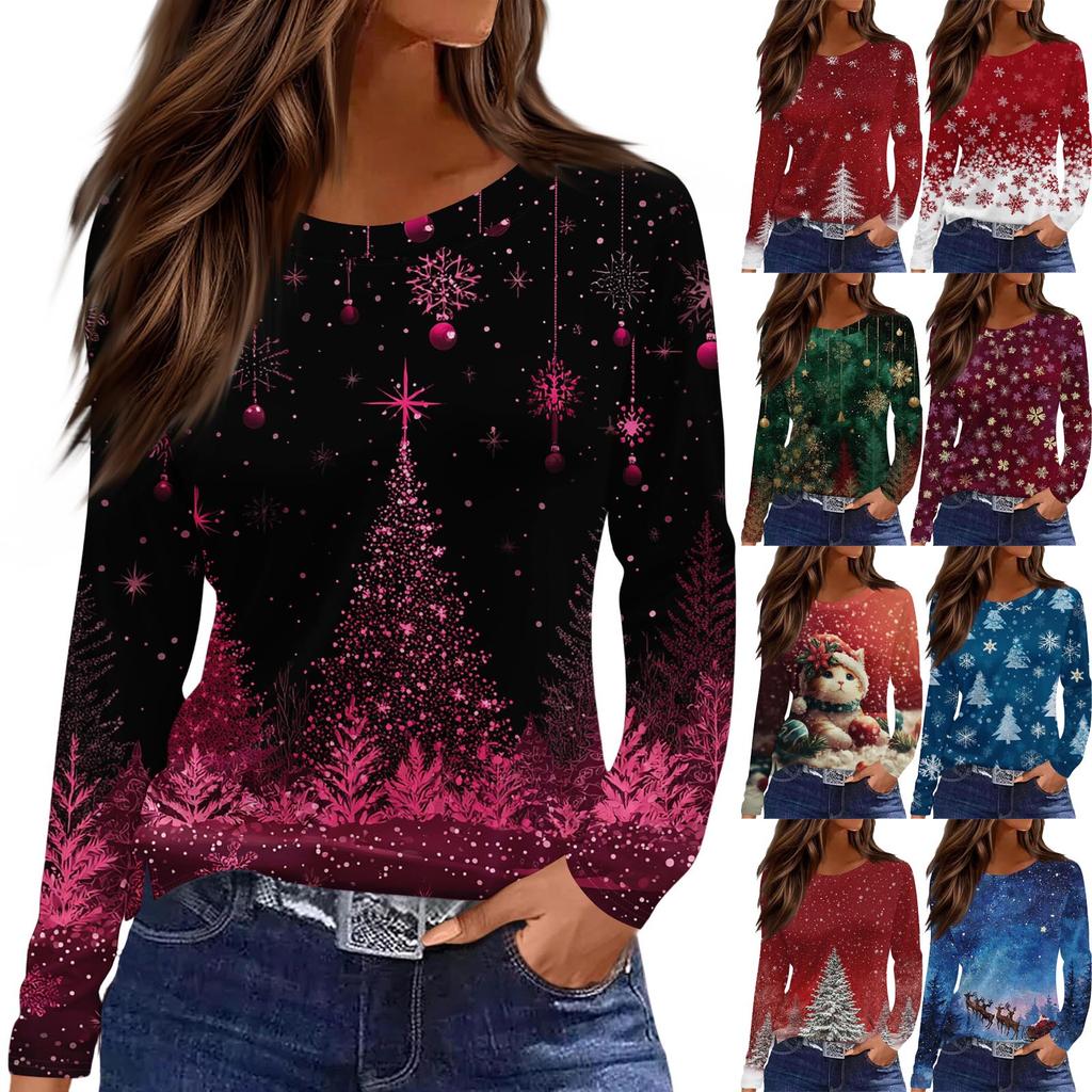 Women's Fashion Casual Slit Hem Round Neck Long Sleeve Loose Christmas Printed T-Shirt Ladies Top
