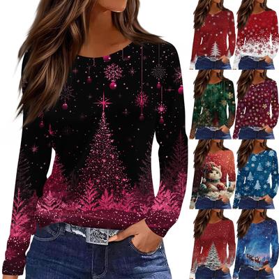 Women's Fashion Casual Slit Hem Round Neck Long Sleeve Loose Christmas Printed T-Shirt Ladies Top